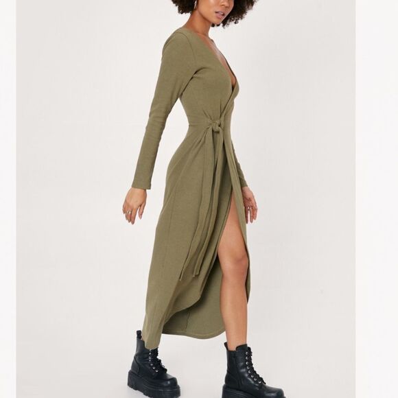 Nasty Gal Ribbed Effect Wrap Midi Dress - Picture 2 of 6